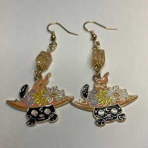 Happy Black Cat in a Floral Witch Hat Earrings